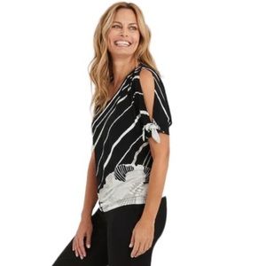 NWT Chico’s Black & White Striped Floral Split-Shoulder Grommet-Sleeve Top 1